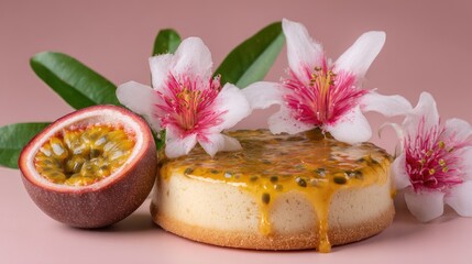 Passion Fruit Dream Cake with Fruit, and Flowers on Pink.