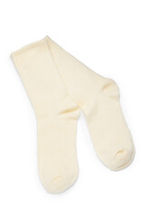 Pair of beige socks isolated on white, top view