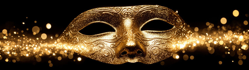 The golden mask hovers silently, its glow the only light in the void