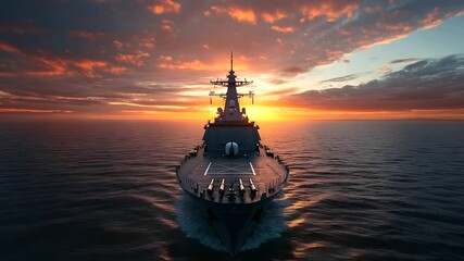 A European naval warship with missiles mounted on its deck, surrounded by a calm sea and distant horizons, conveying strength, readiness, and defense superiority in modern naval wa