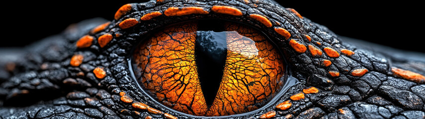 A vivid, intricate close-up captures a large orange reptilian eye surrounded by textured scales