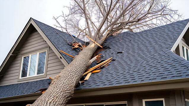 Storm Damage: Large Tree Branch Collapsed on Residential Roof During Severe Weather