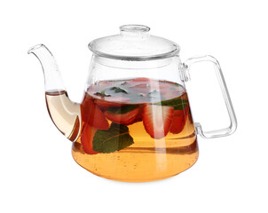 Glass teapot with aromatic fruit tea, strawberries and mint isolated on white