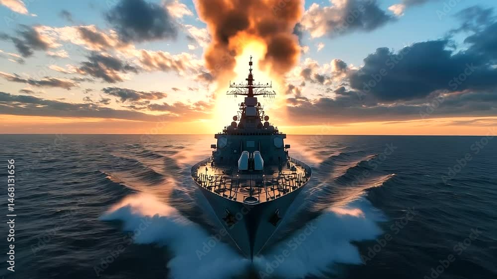 Poster a european warship with missile launchers raised towards the sky, surrounded by vast open waters, re