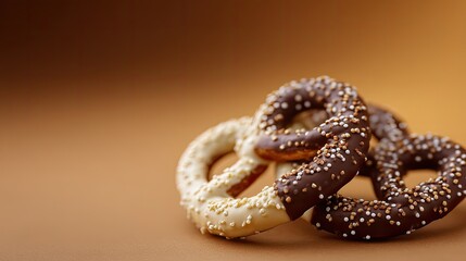 Chocolate dipped pretzels Sweet and salty treat on brown background.