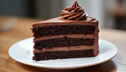 Delicious slice rich chocolate cake with frosting layers on white plate. Decadent dessert treat for birthdays, celebration, dinner party. Homemade bakery sweet chocolate icing cake.