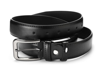 One black leather belt isolated on white