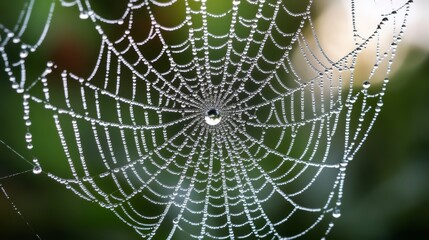 Fototapeta premium Spider web with a drop of water in the center. The web is very intricate