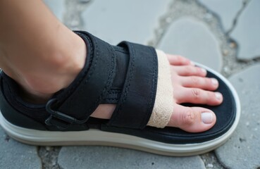 Foot injury in orthopedic shoe. Bandaged toe fracture. Medical support with fracture boot. Rehabilitation medicine, healthcare, trauma, accident, bone pain. Walking after surgery.