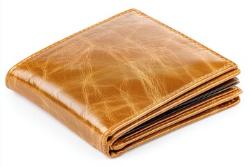 tan leather wallet is displayed diagonal angle on white surface with some contents
