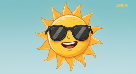 Cartoon sun wearing black sunglasses, cheerful summer illustration for seasonal designs, social media, and kids content
