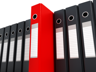 Red folder standing out from black folders on transparent background.. 3D illustration