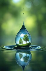Water drop eco concept with trees inside. Ecology, environment protection, sustainable eco friendly world, renewable energy. Nature, fresh, green, save planet earth.