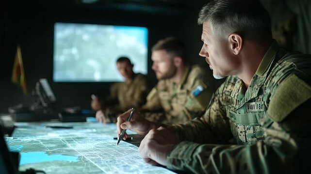 A group of military leaders intensely discussing operational plans, with satellite images and topographical maps spread across the table in their mobile field headquarters.