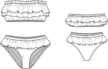 womens ruffle trim bandeau bikini set strapless tube top two piece swim suit flat sketch vector illustration technical cad drawing template
