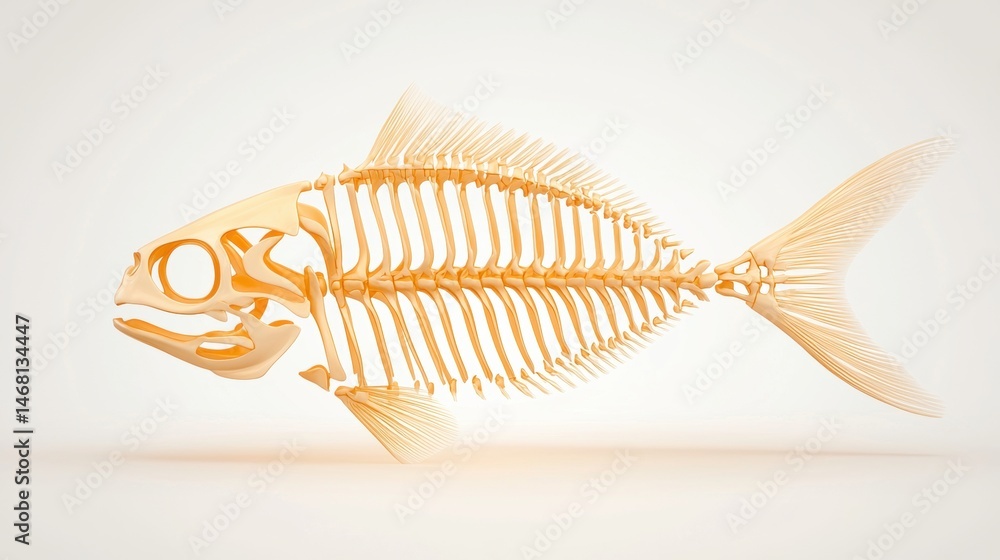 Poster a 3d rendering of a fish skeleton in a light orange color.