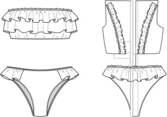 womens ruffle trim bandeau bikini set strapless tube top two piece swim suit flat sketch vector illustration technical cad drawing template
