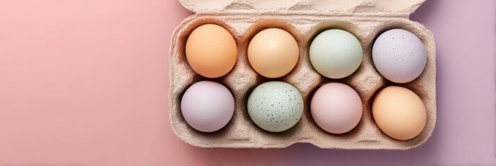 Obraz premium Colorful Eggs Arranged in Biodegradable Carton on a Clean Pastel Background, Perfect for Spring Decorations or Easter Celebrations Generative AI