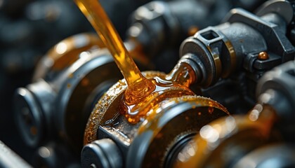 Automotive engine oil lubricates vehicle internal components. Close-up lubrication process, pouring oil gear. Oil change, maintenance, auto tech. Protect metal parts, reduce friction, ensure engine