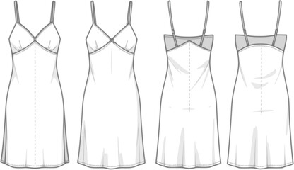 slip dress flat sketch technical illustration. front and back apparel template. women's slip dress CAD mock-up.

