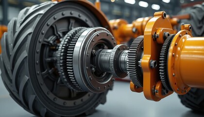 Disassembled tractor reduction axle on modern tractor. Close-up of mechanical details gears, wheel, shaft, bolts. Industrial tech, heavy machinery. Engineering, automotive, steel, automotive