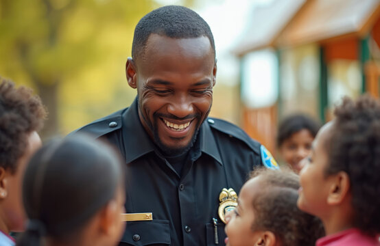 African American police officer smiles interacting with group of children in playground. Community safety interaction, positive relations between police, youth. Building trust, community policing.