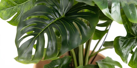 Lush Green Monstera Plant in Pot Detailed Closeup