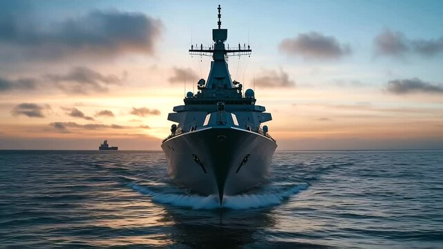A high-tech European warship with a sophisticated missile defense system positioned on its deck, stationary in open waters, with radar arrays scanning the horizon for threats.