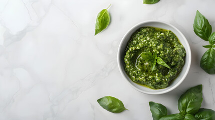 pesto sauce on white background with copy space top view
