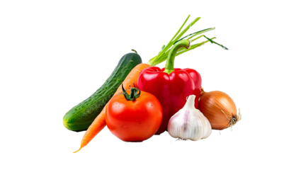 Vibrant assortment of fresh fruits and vegetables displayed in an artistic arrangement on a white background