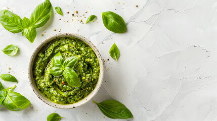 pesto sauce on white background with copy space top view