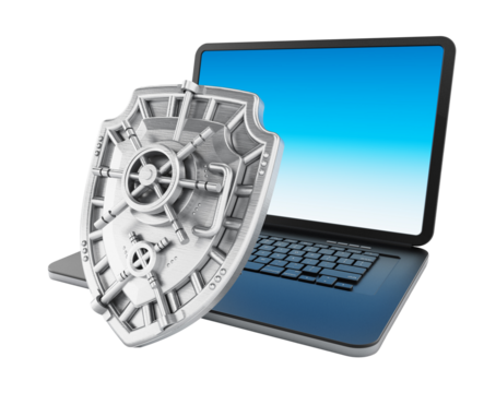 Iron shield protecting laptop computer on transparent background.. 3D illustration