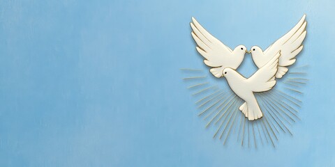 religious postcard design, trinity sunday postcard with a watercolor-style design of blue skies, white doves, and abstract light beams in a trinity shape add a custom message in the pastel area