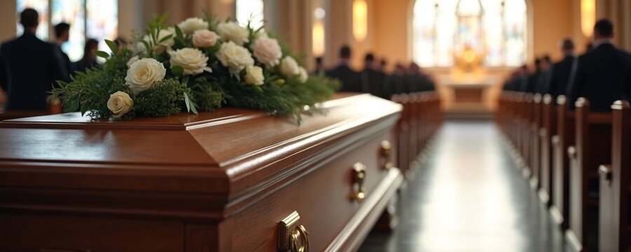 Closed coffin with flower arrangement at memorial service. Funeral ceremony in church hall with blurred silhouettes of attendees. Religious ritual, mourning concept. Burial, last farewell, sorrow.