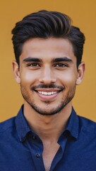 Obraz premium smiling young man in blue shirt with a yellow background