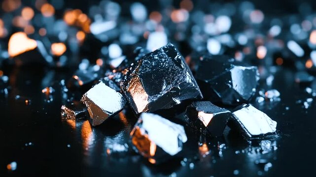 A macro shot of ultra-reflective rare earth minerals on a smooth black surface, symbolizing their economic and technological significance in modern industries.