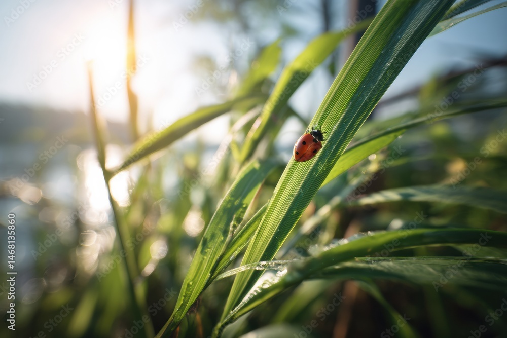 Poster ladybug exploring a grass blade under warm sunlight in a tranquil outdoor setting generative ai