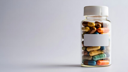 Colorful Medication Bottle with Blank Label on Minimalist Beige Background