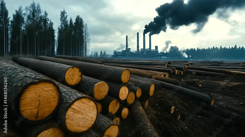 Poster a panoramic shot of a deforested area, with large stacks of logs in the foreground and a factory in 