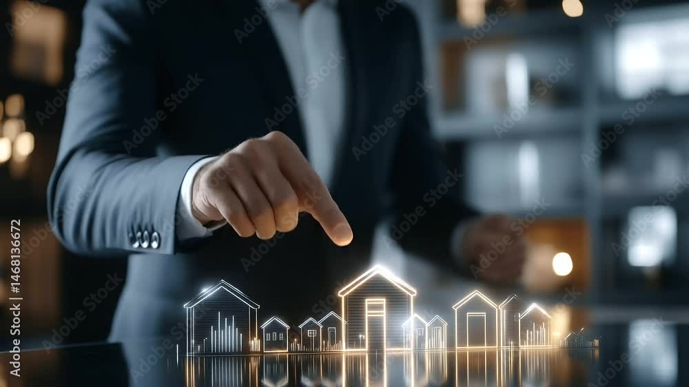 Poster a realtor presenting a holographic display of a thriving property market, with animated home values 
