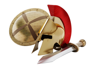 Ancient Greek helmet, shield and sword on transparent background.