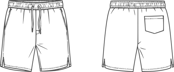 mens wide leg baggy bermuda shorts fashion flat sketch vector illustration technical cad drawing template
