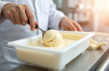 Chef scoops fresh vanilla ice cream from factory tray. Culinary expert prepares dessert. Creamy gelato in bowl. Food preparation, production process. Confectionery, food industry, cafe, dessert shop.