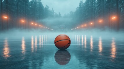 Obraz premium Solitary Basketball on Misty Court