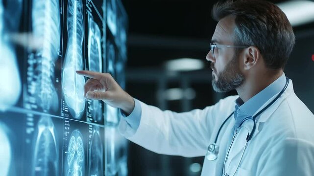 A serious-looking doctor pointing at an illuminated hip X-ray on a medical display, considering the next steps for orthopedic treatment.