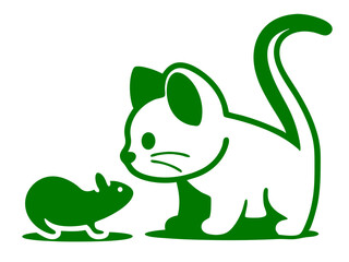 Green silhouette cat and mouse illustration with friendly interactions suitable for various projects