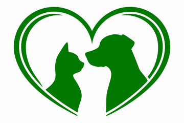 Green heart with cat and dog silhouettes illustrating pet love and companionship