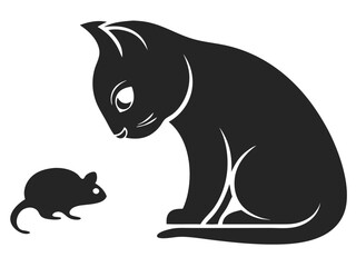 Minimalist black silhouette of a curious cat observing a mouse vector design