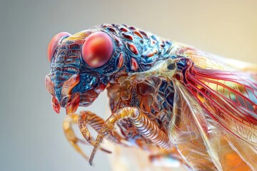 Close-up of a vibrant insect with intricate details, showcasing its red eyes and translucent wings.