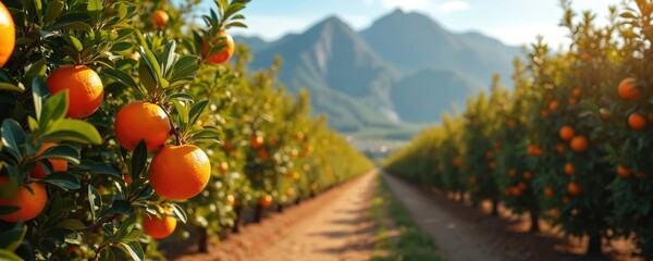 Scenic view of orange orchard with mountain background. Orange fruit trees, grove with ripe fruits, sunny day, farming, agriculture, landscape, healthy vitamin c rich food.
